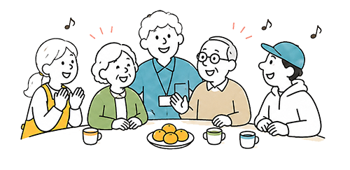 入居者さまとスタッフが和気あいあいと過ごすイラスト